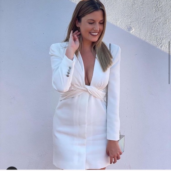 ZARA V NECK WHITE DRAPED BLAZER DRESS - Picture 7 of 10